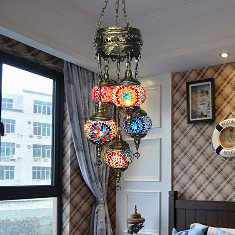 Vintage Oval Kronleuchterleuchte 5 Köpfe befleckte Kunstglashängelampe für Schlafzimmer in Orange/Blau