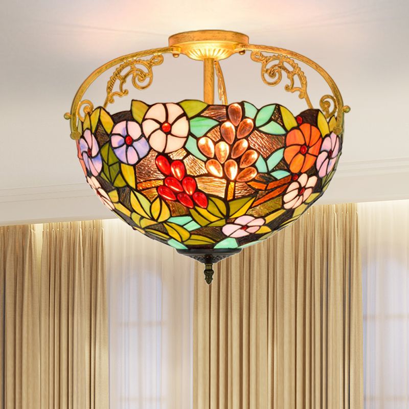 Floral Semi Mount Lighting 3 Lights Cut Glass Victorian Ceiling Light Fixture in Green for Bedroom