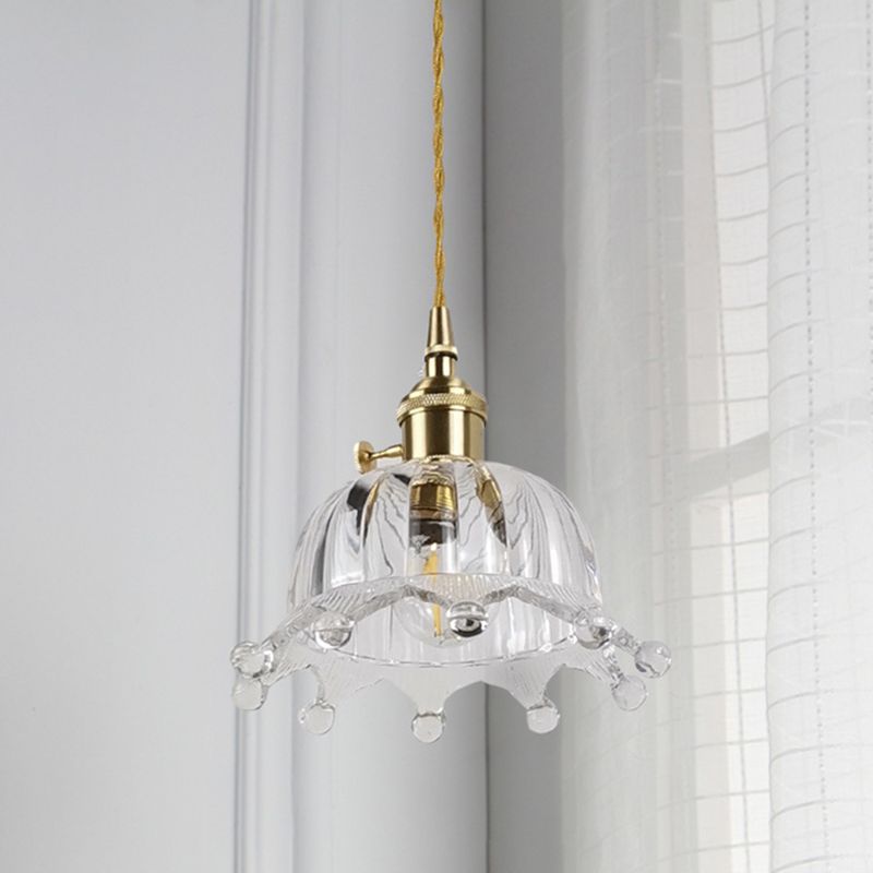 Clear Glass Dome Pendant Lighting with Crown Design Modern 1 Light Brass Down Mini Hanging Lamp for Passage