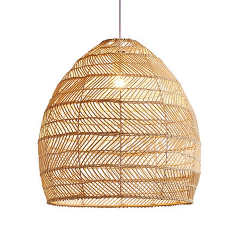 Japanese Hanging Lamp Kit 1-Light Beige Rattan Down Lighting Pendant for Study Room