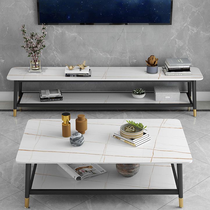 Glam Style Stone TV Stand 2 Shelves Open Storage TV Stand Console