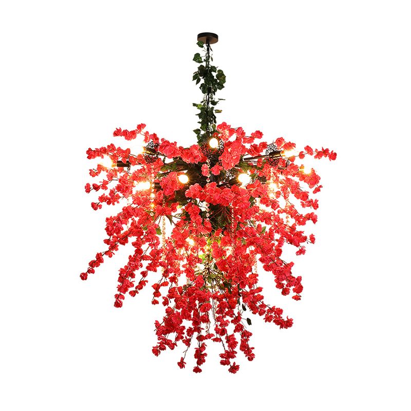 Red 19 Lights Chandelier Lamp Factory Iron Starburst Flower Pendant Light Fixture with Crystal Bead Strand