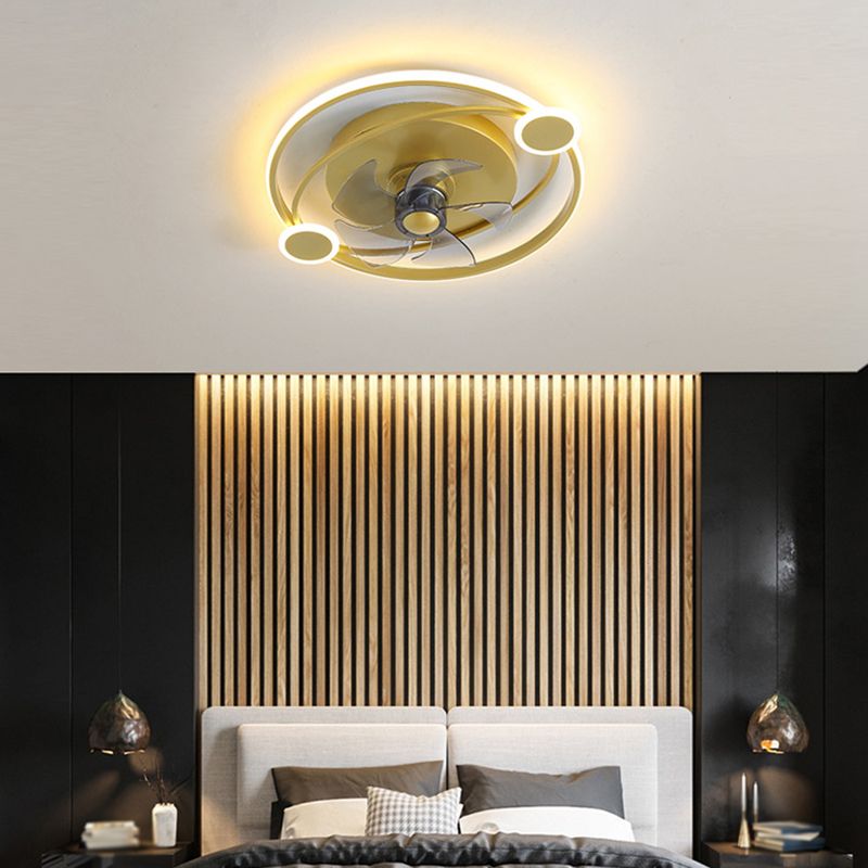 7-Blade Contemporary Ceiling Fan Golden LED Fan with Light for Foyer