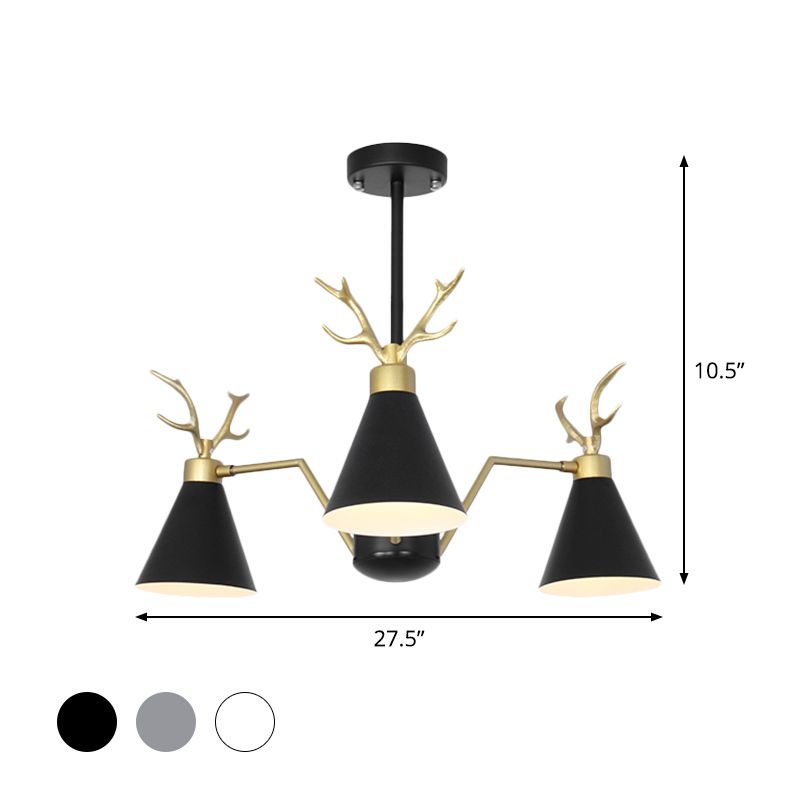 Nordic Cone Hanging Lamp with Deer Horn 3 Lights Metal Chandelier for Cafe Restaurant