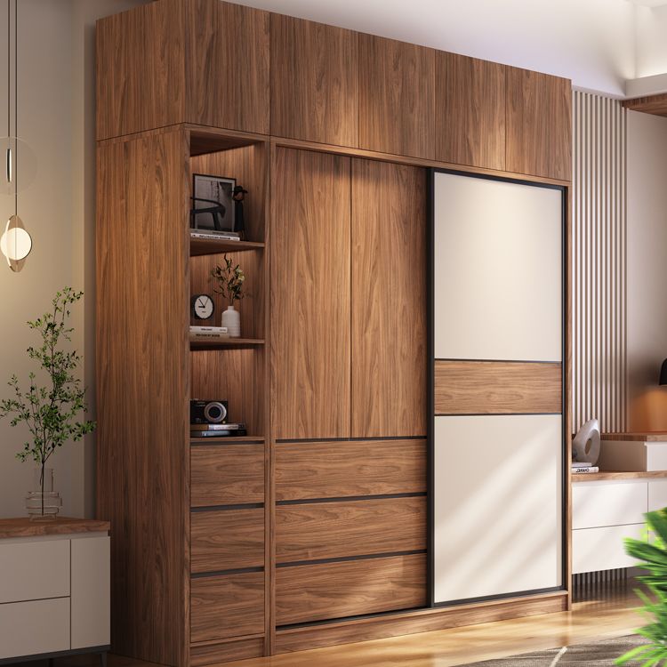 Modern Freestanding Wardrobe Brown Wood  Wardrobe Armoire with Drawers