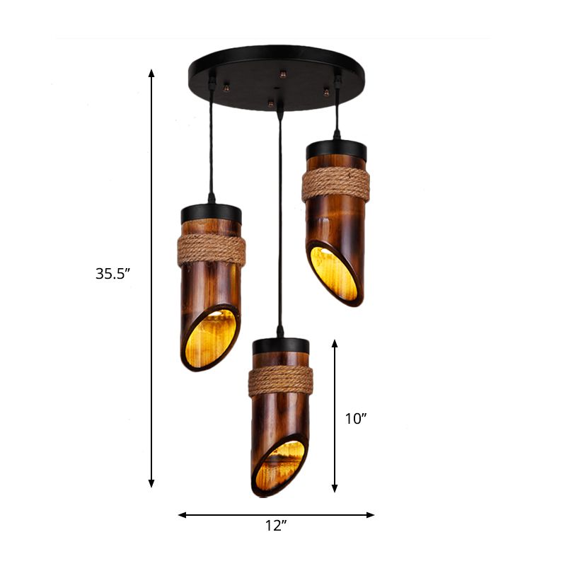 Tube Bamboo Hanging Lamp Three-light Retro Suspension Light in Brown for Dining Room