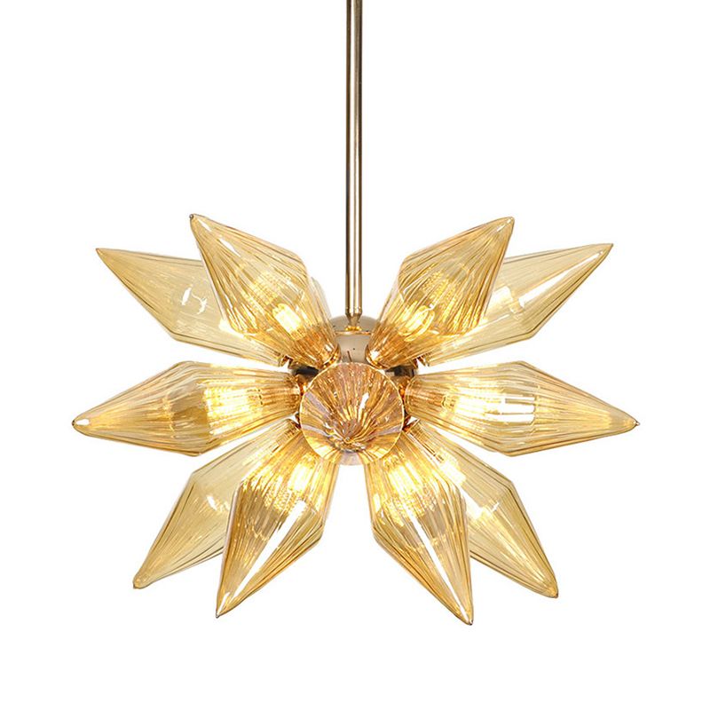 18 Heads Conical Hanging Chandelier Modern Amber Ribbed Glass Ceiling Pendant Light in Gold