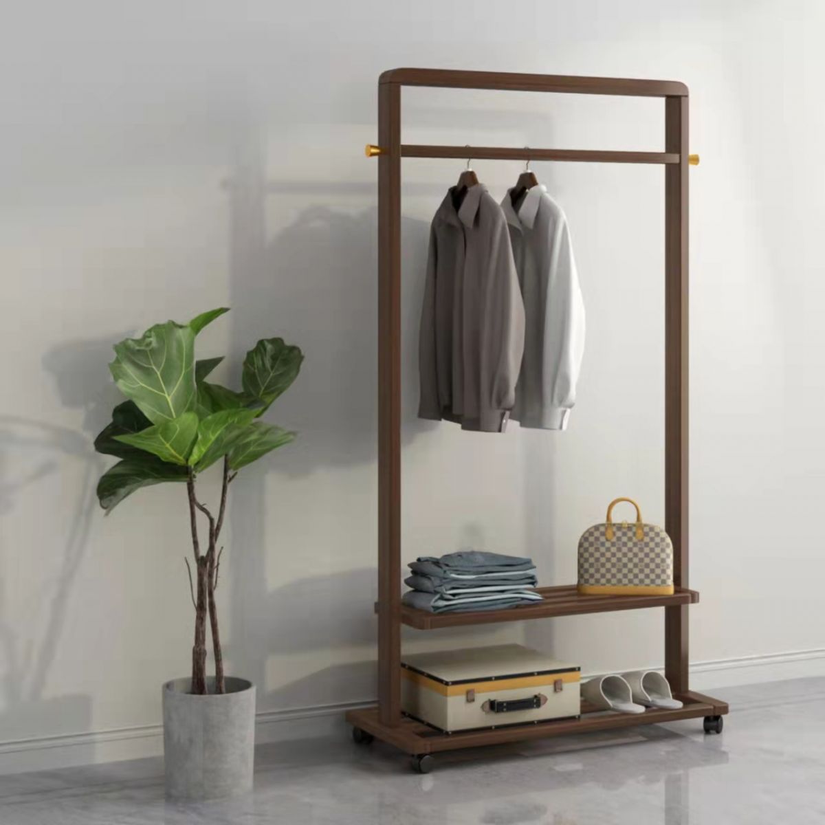 Contemporary Style Coat Hanger Solid Wood Shelve Design Coat Rack for Living Room