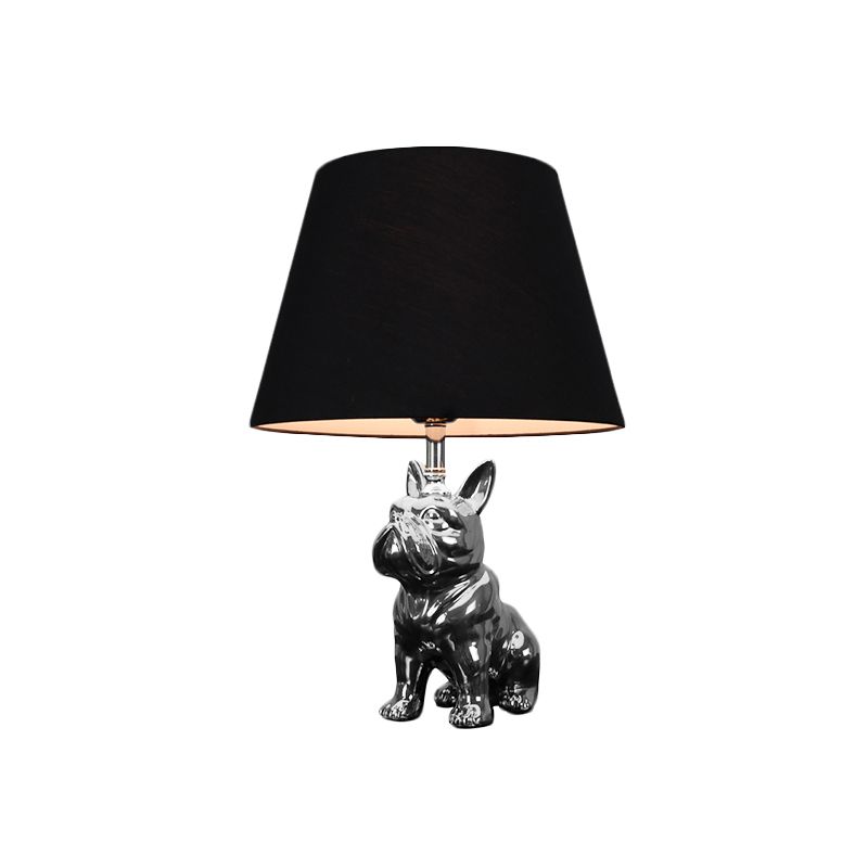 Silver/Gold 1 Head Night Lamp Traditional Resin Dog Nightstand Light with Conical Fabric Shade for Bedroom