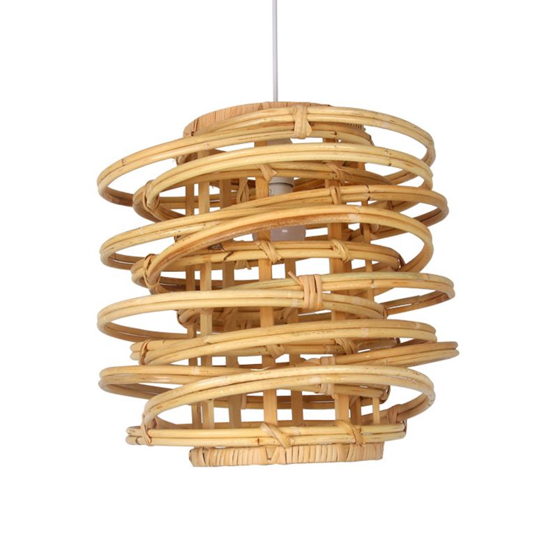 Wood Circle Hanging Lamp Retro 1 Head Bamboo Ceiling Pendant Light for Restaurant