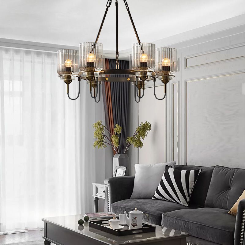 Cylindrical Ribbed Glass Up Chandelier Vintage Dining Room Suspension Lamp in Black