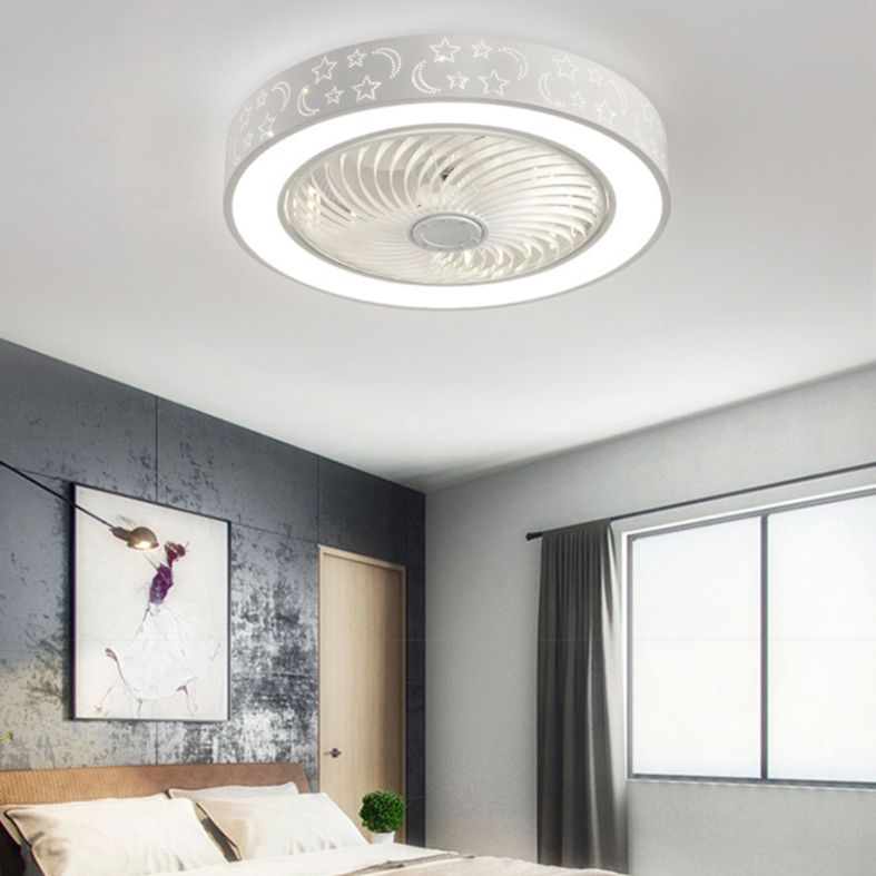 Modern Drum Shaped Fan Lamp Acrylic LED Bedroom Semi Flush Light in White with Remote