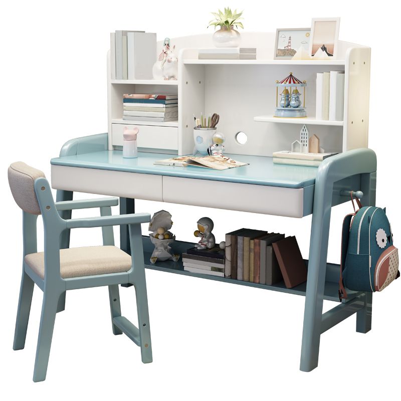 Solid Wood Writing Desk Kids Desks and Chair Set with Hutch Adjustable 2-Drawer Child Desk