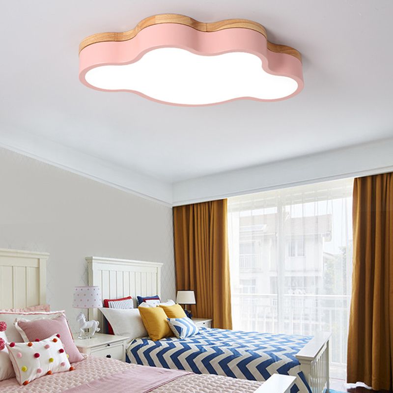 Modern Wood Flush Mount Cloud Shape Ceiling Light with Acrylic Shade for Living Room