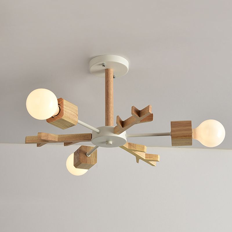 Japanese Style Beige Pendant Light Snowflake Shape Wood Chandelier for Bedroom