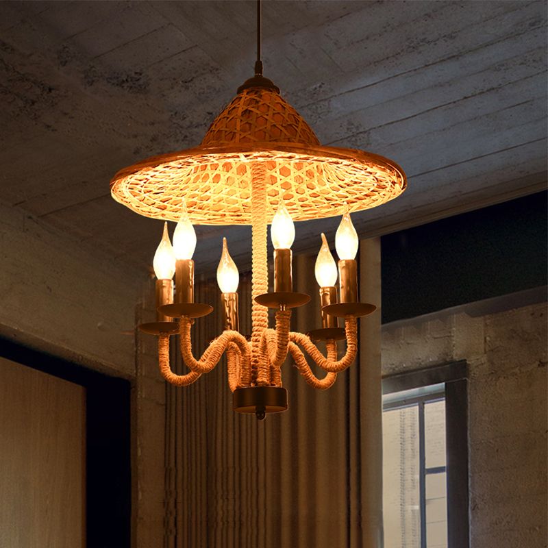 Candle Style Bistro Ceiling Chandelier Lodge Jute Rope 6/7 Bulbs Brown Hanging Lamp with Bamboo-Woven Hat Top