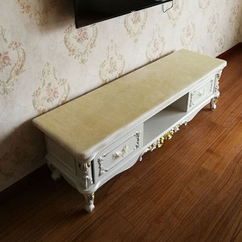 Traditional Marble Top TV Cabinet Solid Wood Crafted TV Stand for Living Room