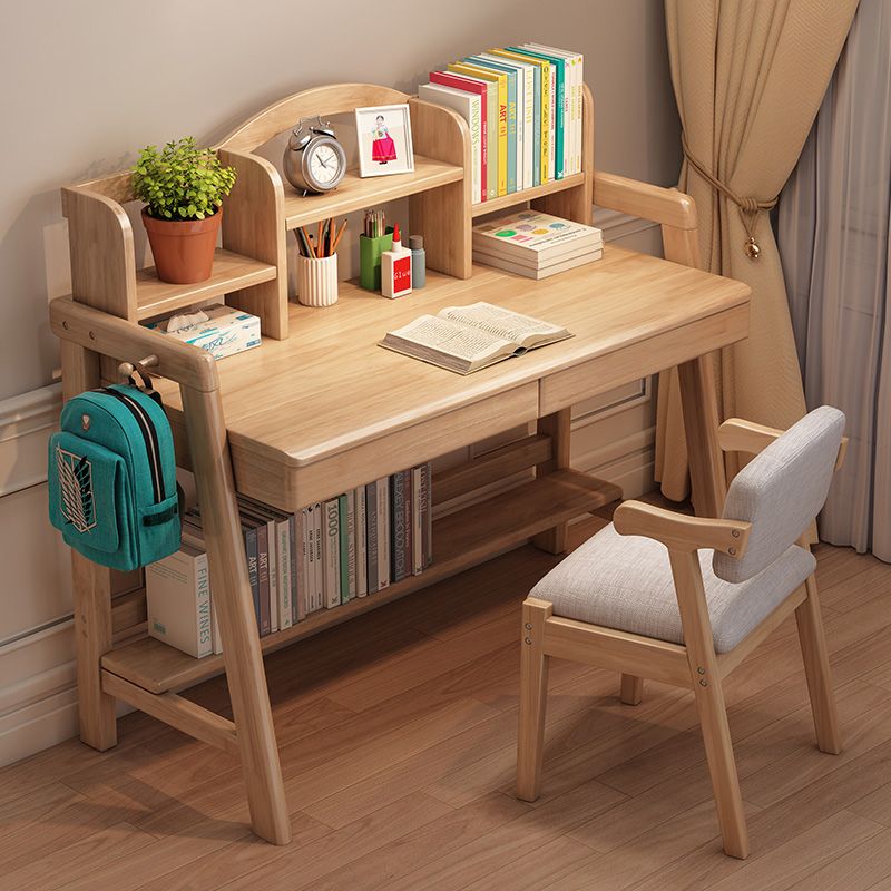 Rubberwood Writing Desk with Hutch Adjustable Kids Desk and Chair Set