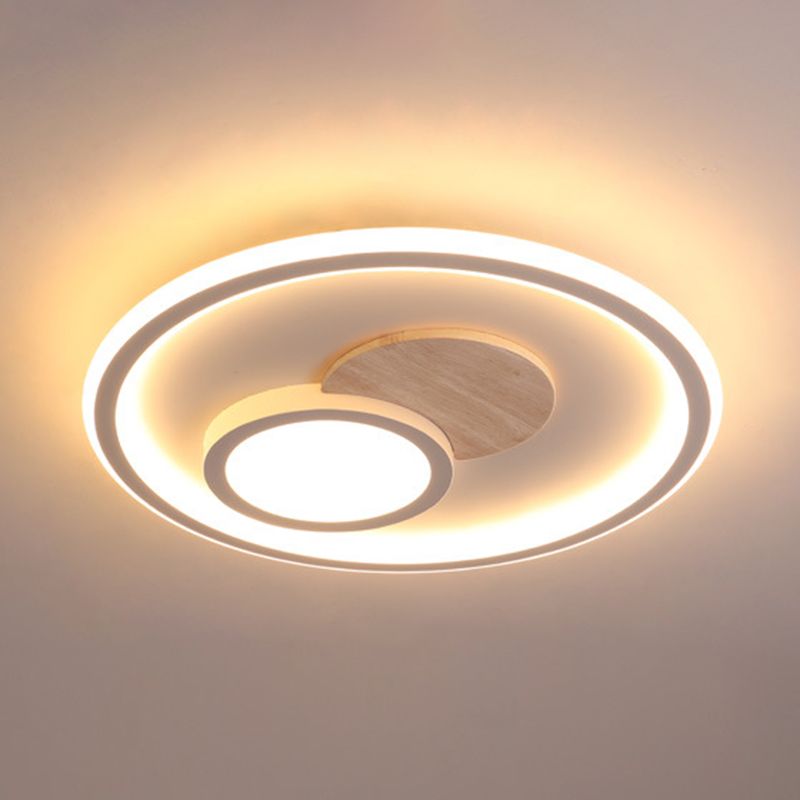 White Round Flush Light Modern Wood LED Ceiling Light Fixture for Bedroom