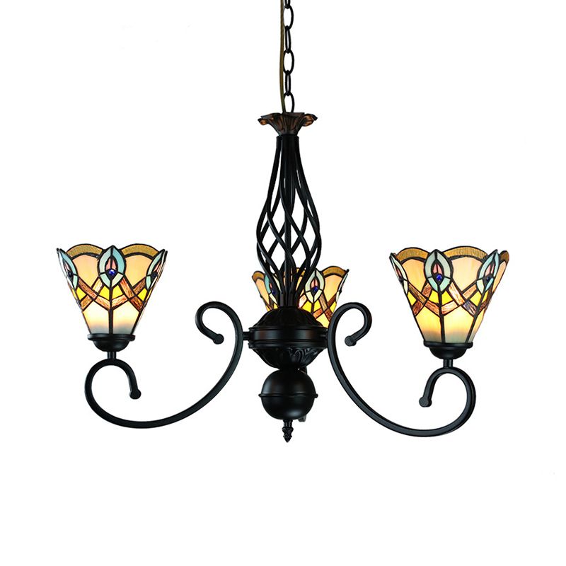 Black Finish Peacock Chandelier Light Stained Glass 3 Lights Rustic Pendant Lamp for Dining Table