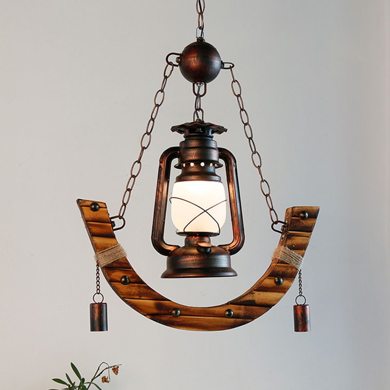 Matte Black 1 Light Pendant Lighting Industrial Frosted Glass Lantern Hanging Lamp for Dining Room with Chain