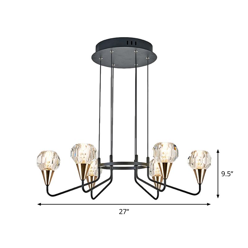 6/8 Bulbs Living Room Suspension Light Minimalism Black Chandelier with Round Faceted Crystal Shade