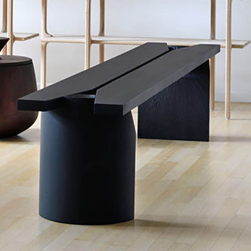 Contemporary Pine Wood Bench Black Seating Bench with Double Pedestal