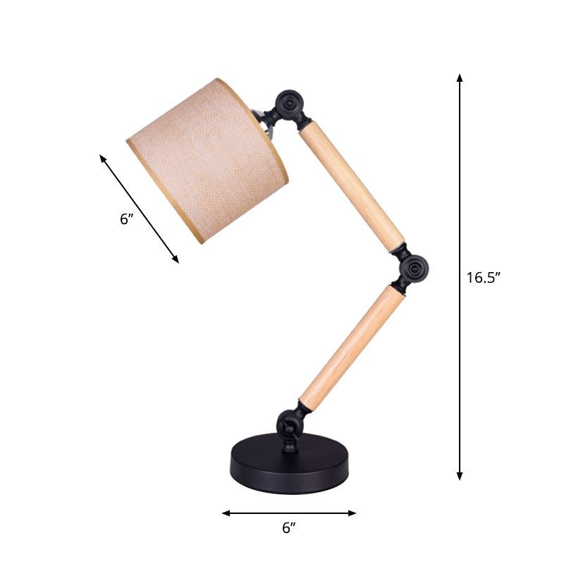 Simple Cylinder Desk Light Fabric 1 Light Bedroom Table Lamp in Black with Wood Adjustable Arm