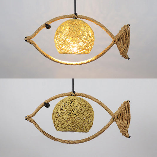 1/2/3-Light Fish Shaped Pendant Lighting Rustic Bine Single Head Hanging Lamp in Beige