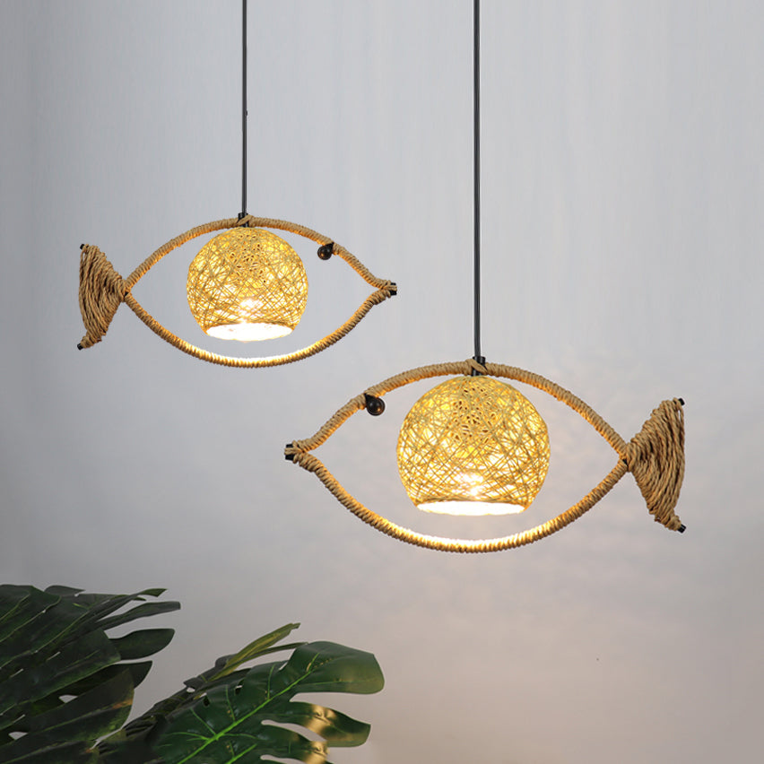 1/2/3-Light Fish Shaped Pendant Lighting Rustic Bine Single Head Hanging Lamp in Beige