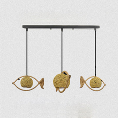 1/2/3-Light Fish Shaped Pendant Lighting Rustic Bine Single Head Hanging Lamp in Beige