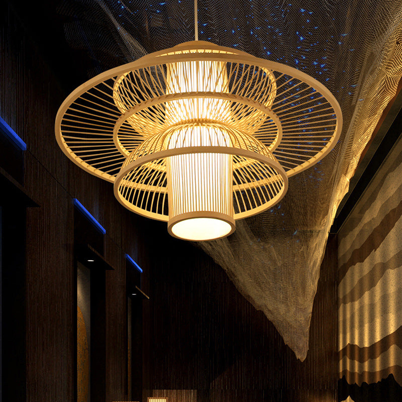 Lotus-Shaped Pendant Lamp Asian Style Bamboo 16"/19.5" W 1 Light Black/Beige Hanging Lighting for Restaurant