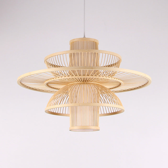 Lotus-Shaped Pendant Lamp Asian Style Bamboo 16"/19.5" W 1 Light Black/Beige Hanging Lighting for Restaurant