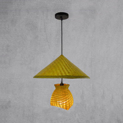 Beige Woven Shade Hanging Lamp Asian Stylish 16.5"/19" W 1 Head Rattan Hanging Fixture Light for Dining Room