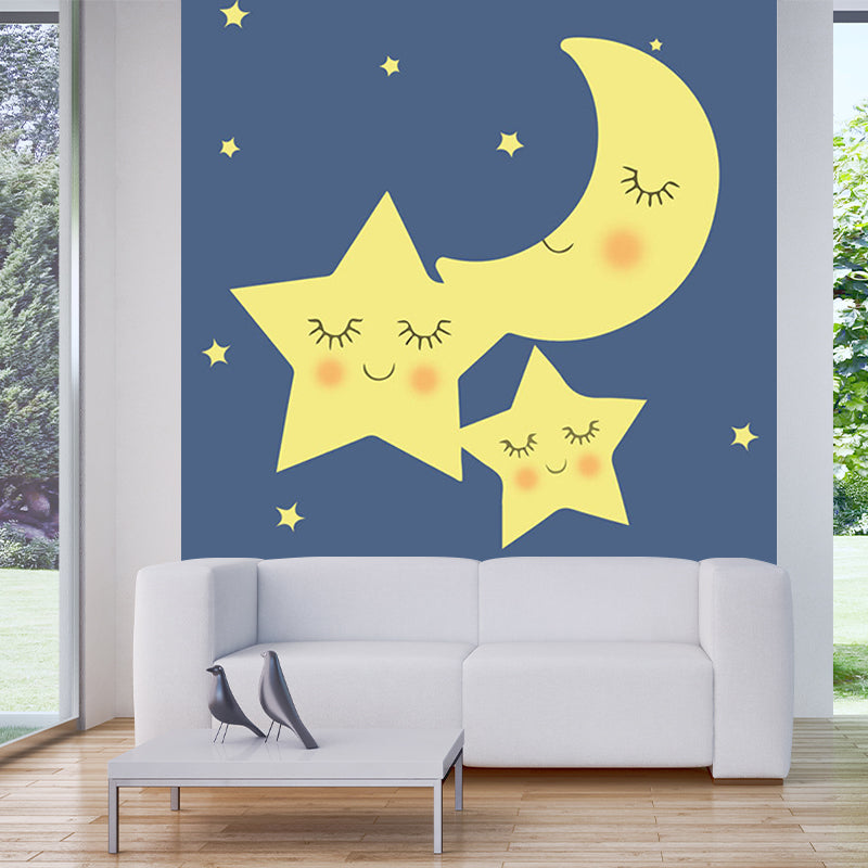 Cartoon Moon and Star Murals for Baby Room Customized Wall Covering in Yellow-Blue