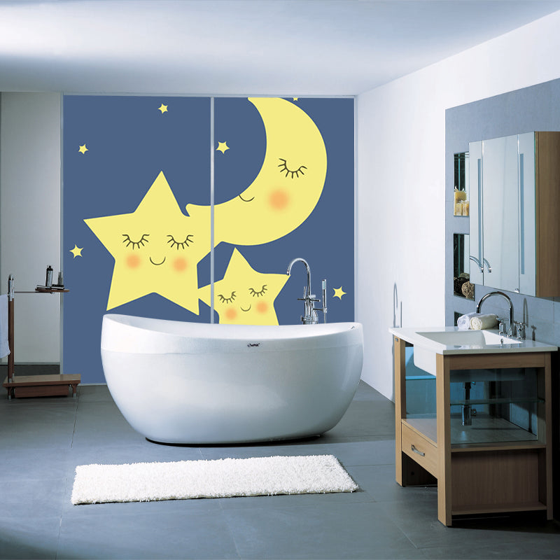 Cartoon Moon and Star Murals for Baby Room Customized Wall Covering in Yellow-Blue