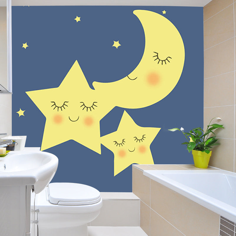 Cartoon Moon and Star Murals for Baby Room Customized Wall Covering in Yellow-Blue