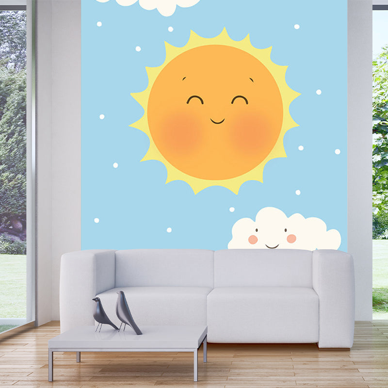 Smiling Sun and Cloud Mural Wallpaper Cartoon Waterproof Kids Bedroom Wall Decor