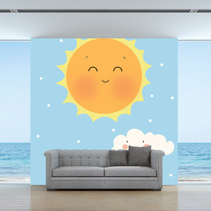 Smiling Sun and Cloud Mural Wallpaper Cartoon Waterproof Kids Bedroom Wall Decor