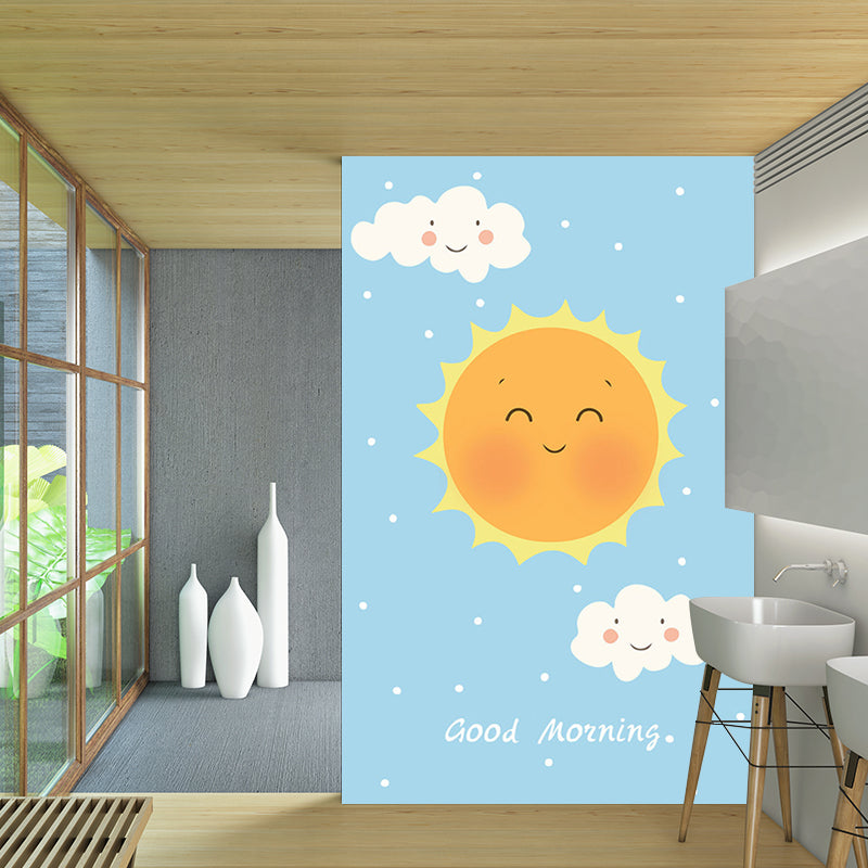 Smiling Sun and Cloud Mural Wallpaper Cartoon Waterproof Kids Bedroom Wall Decor