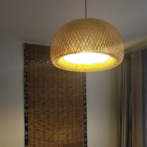 Hand Woven Hanging Light Countryside Rattan 7"/7.5" W 1 Bulb Beige Pendant Lamp with Dome Shade for Dining Room