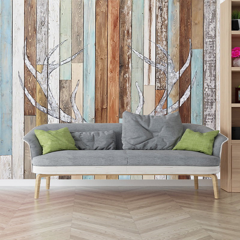 Rustic Antler Print Murals Decal Blue-Brown Barn Wood Wall Decor for Living Room