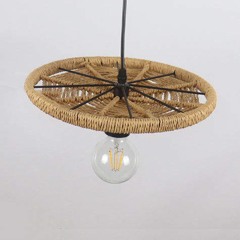 Rattan rund geformte Anhängerlampe Modernismus Style 1 Kopf Beige hängende Beleuchtung mit offener Glühbirne