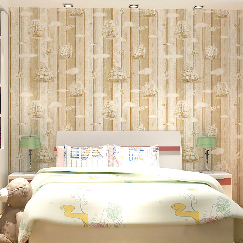 Novelty Wood Plank Wallpaper Roll Light-Color Nautical Wall Decor for Kids Bedroom