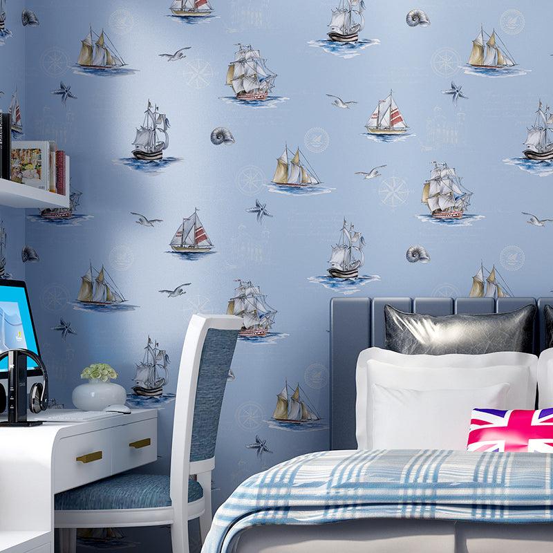 Nautical Sailboat Wallpaper Novelty Non-Woven Texture Wall Decor in Pastel Color