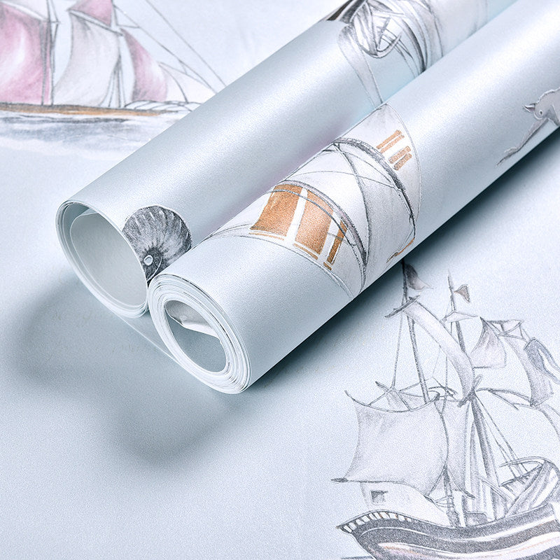 Nautical Sailboat Wallpaper Novelty Non-Woven Texture Wall Decor in Pastel Color