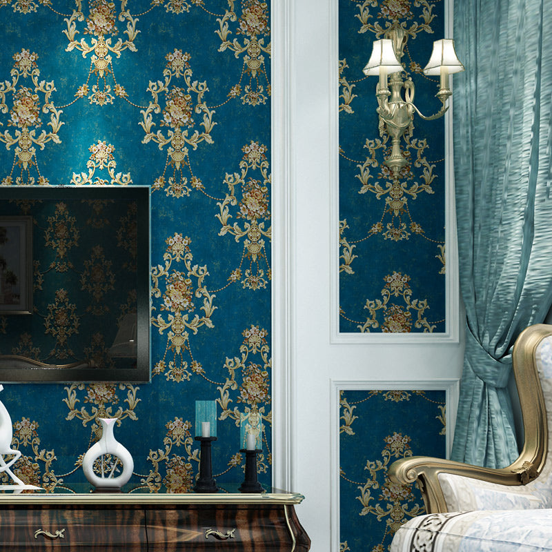 Nostalgic Jacquard Peonies Wallpaper Blue Stain Resistant Wall Decor for Living Room