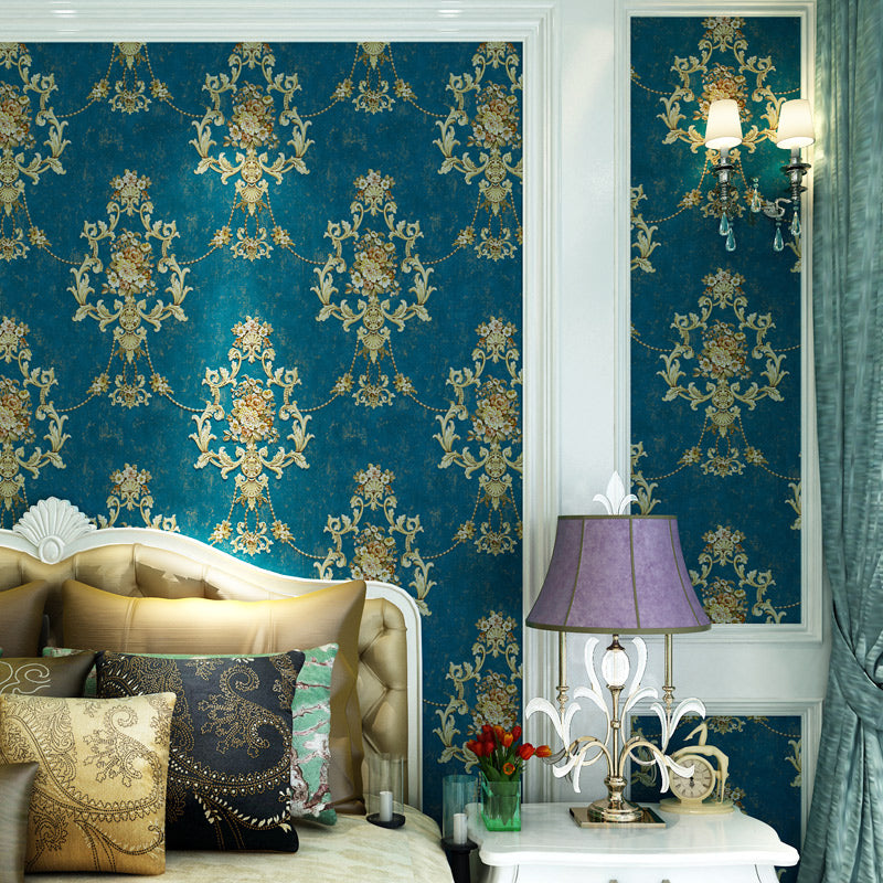 Nostalgic Jacquard Peonies Wallpaper Blue Stain Resistant Wall Decor for Living Room