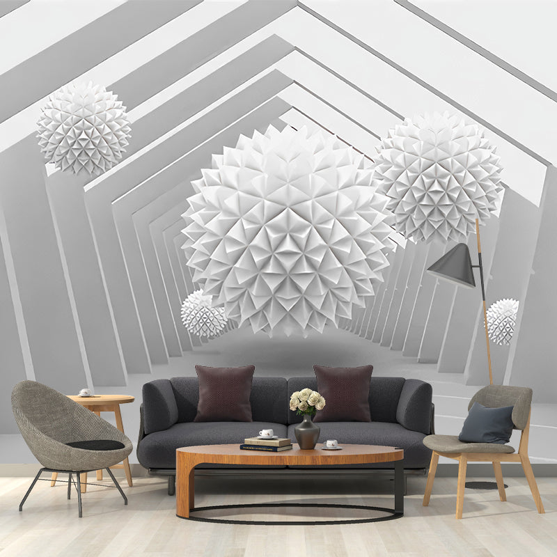 Large 3D Visual Wall Murals White Ball and Polygon Pathway Pattern Wall Covering, Custom Printed