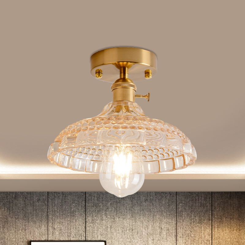 1 Light Ceiling Light with Dome/Barn/Flower Shade Amber/Clear Textured Glass Industrial Living Room Semi Flush in Brass